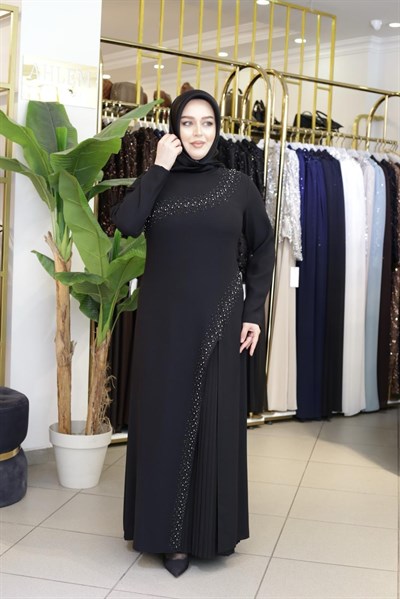 7118 KOD YAKA KISMI TAŞ DETAYLI ELBİSE