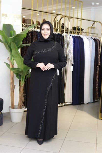 7118 KOD YAKA KISMI TAŞ DETAYLI ELBİSE