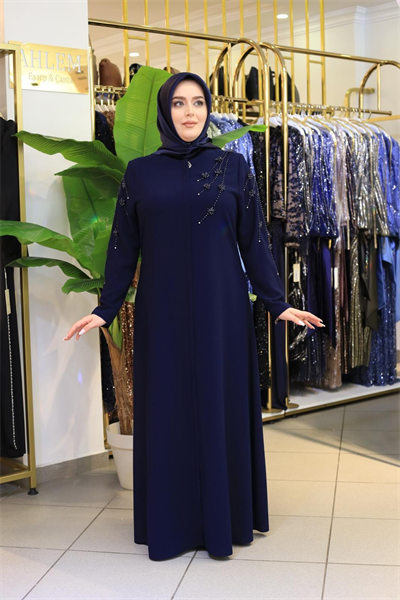 7121 KOD ÇİÇEK TAŞ İŞLEMELİ FERACE LACİVERT