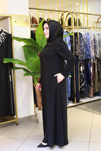 7121 KOD ÇİÇEK TAŞ İŞLEMELİ FERACE SİYAH