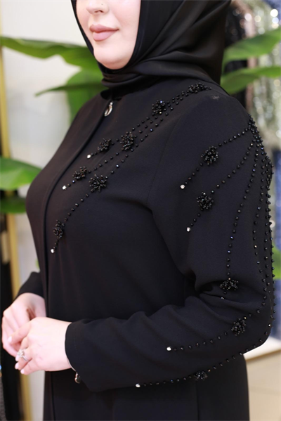 7121 KOD ÇİÇEK TAŞ İŞLEMELİ FERACE SİYAH