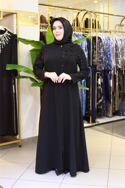 7121 KOD ÇİÇEK TAŞ İŞLEMELİ FERACE SİYAH