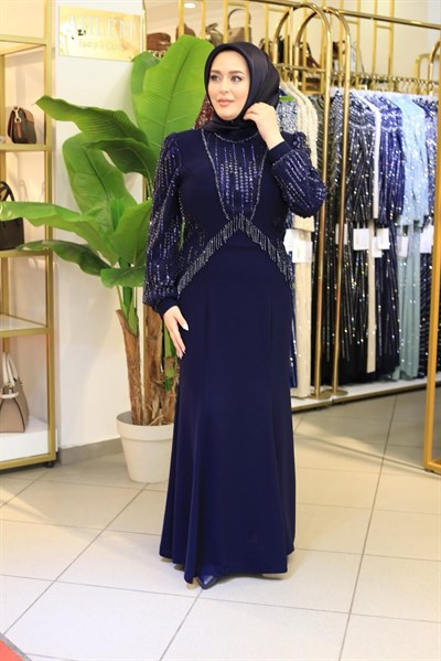 7204 KOD KOLLARI PUL DETAYLI ELBİSE