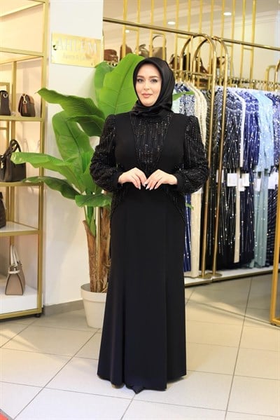 7204 KOD KOLLARI PUL DETAYLI ELBİSE