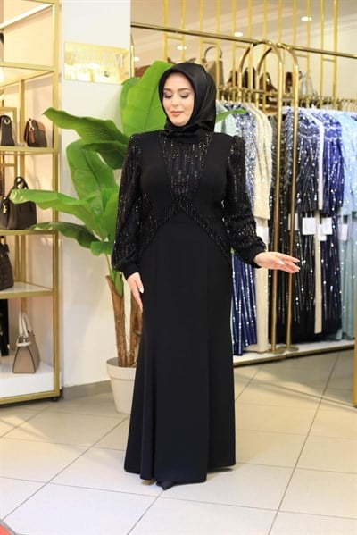7204 KOD KOLLARI PUL DETAYLI ELBİSE