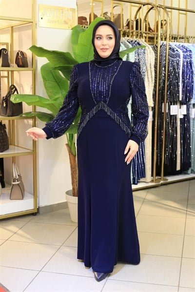 7204 KOD KOLLARI PUL DETAYLI ELBİSE