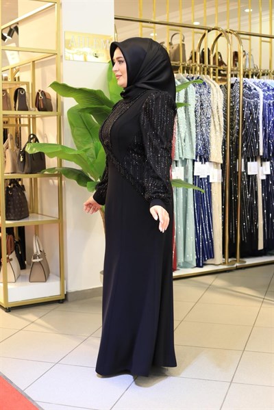 7204 KOD KOLLARI PUL DETAYLI ELBİSE