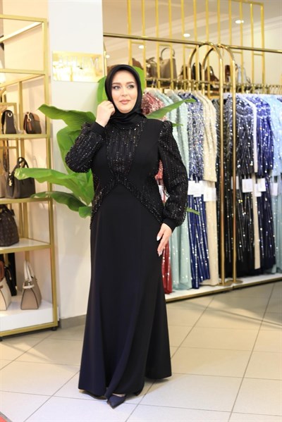 7204 KOD KOLLARI PUL DETAYLI ELBİSE