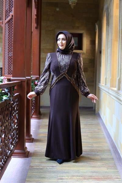 7204 KOD KOLLARI PUL DETAYLI ELBİSE