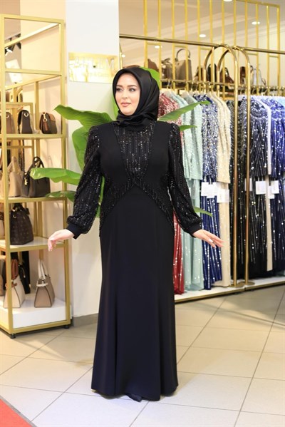 7204 KOD KOLLARI PUL DETAYLI ELBİSE