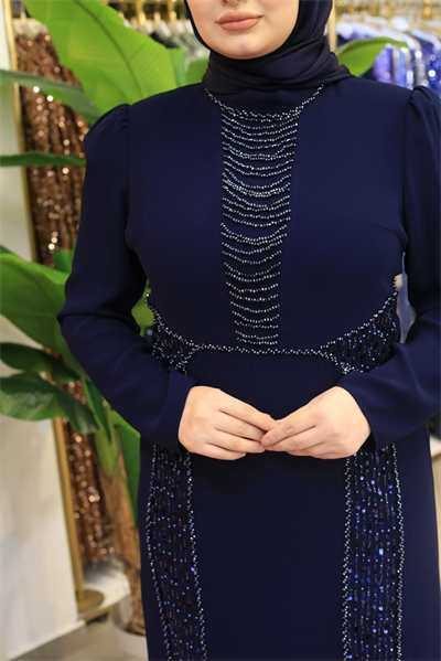 7207 KOD KENDİNDEN PULLU IŞILTI ELBİSE LACİVERT