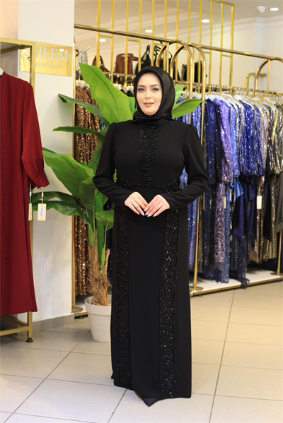 7207 KOD KENDİNDEN PULLU IŞILTI ELBİSE SİYAH