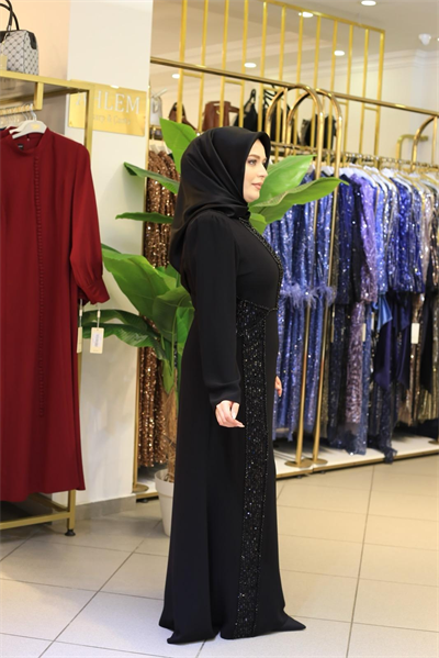 7207 KOD KENDİNDEN PULLU IŞILTI ELBİSE SİYAH