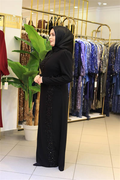 7207 KOD KENDİNDEN PULLU IŞILTI ELBİSE SİYAH