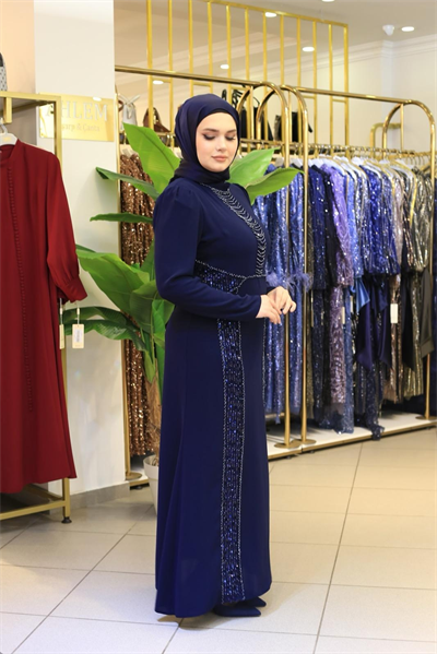 7207 KOD KENDİNDEN PULLU IŞILTI ELBİSE LACİVERT