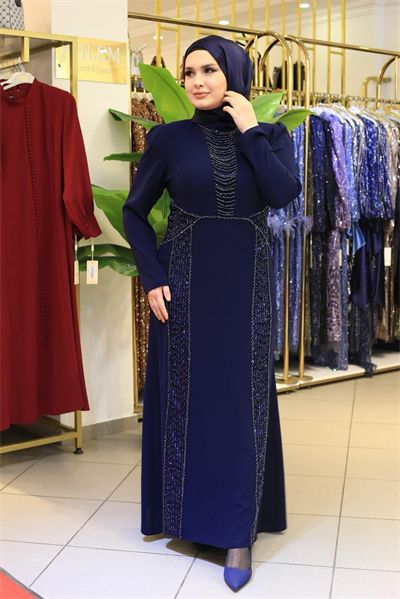 7207 KOD KENDİNDEN PULLU IŞILTI ELBİSE LACİVERT