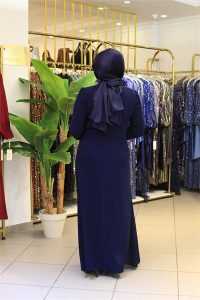 7207 KOD KENDİNDEN PULLU IŞILTI ELBİSE LACİVERT