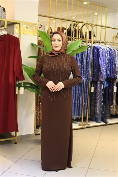 7223 KOD DAMLA TAŞLI IŞILTI ELBİSE KAHVERENGİ