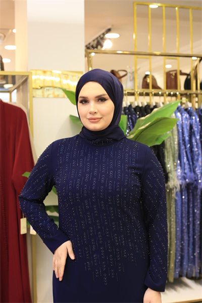 7223 KOD DAMLA TAŞLI IŞILTI ELBİSE LACİVERT