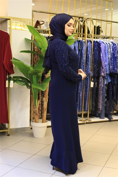 7223 KOD DAMLA TAŞLI IŞILTI ELBİSE LACİVERT