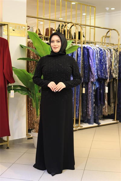 7223 KOD DAMLA TAŞLI IŞILTI ELBİSE SİYAH