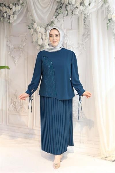 7456 بدلة كود تنورة كود مطوية بأربطة من الدانتيل