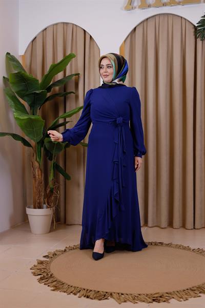 7495 KOD BAĞCIKLI ŞİFON ELBİSE İNDİGO