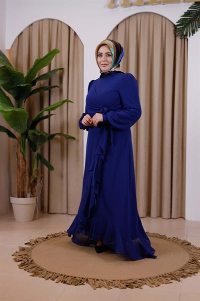 7495 KOD BAĞCIKLI ŞİFON ELBİSE İNDİGO