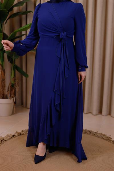 7495 KOD BAĞCIKLI ŞİFON ELBİSE İNDİGO