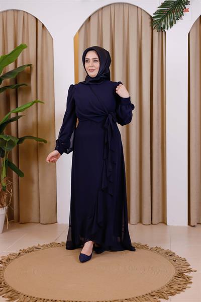 7495 KOD BAĞCIKLI ŞİFON ELBİSE LACİVERT