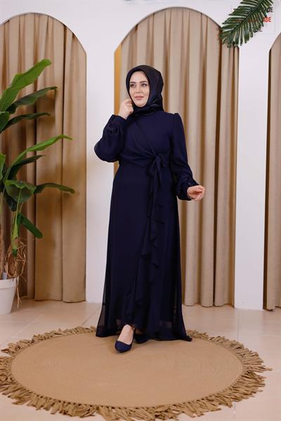 7495 KOD BAĞCIKLI ŞİFON ELBİSE LACİVERT