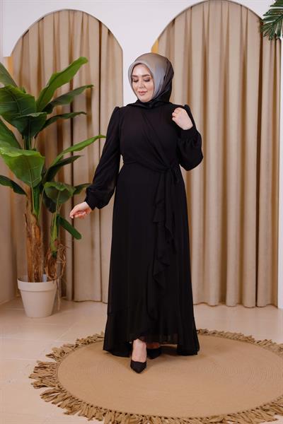 7495 KOD BAĞCIKLI ŞİFON ELBİSE SİYAH