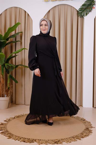 7495 KOD BAĞCIKLI ŞİFON ELBİSE SİYAH