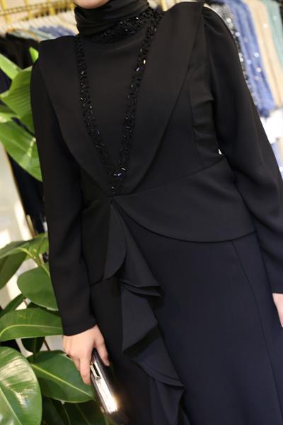 7772 KOD FIRFIRLI ELBİSE SİYAH