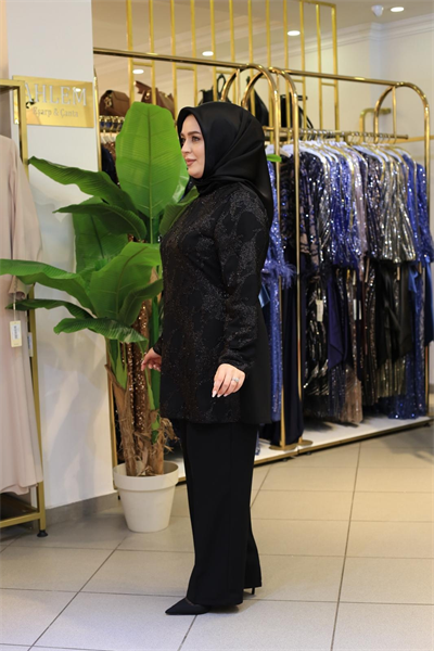 8118 KOD DANTELLİ BONCUKLU PANTOLONLU TAKIM SİYAH