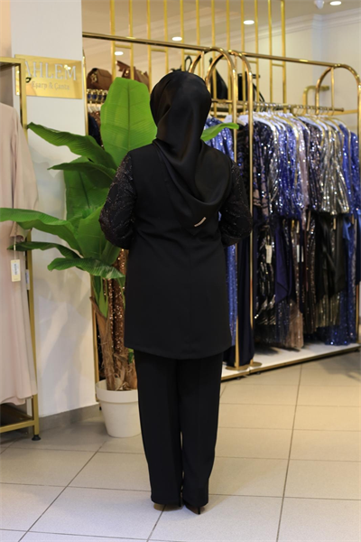 8118 KOD DANTELLİ BONCUKLU PANTOLONLU TAKIM SİYAH