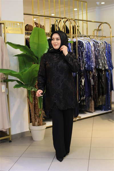 8118 KOD DANTELLİ BONCUKLU PANTOLONLU TAKIM SİYAH