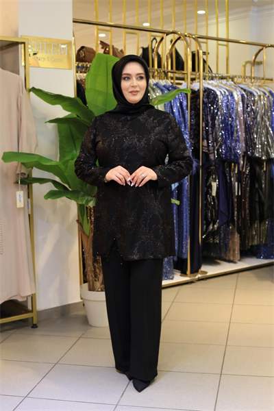 8118 KOD DANTELLİ BONCUKLU PANTOLONLU TAKIM SİYAH