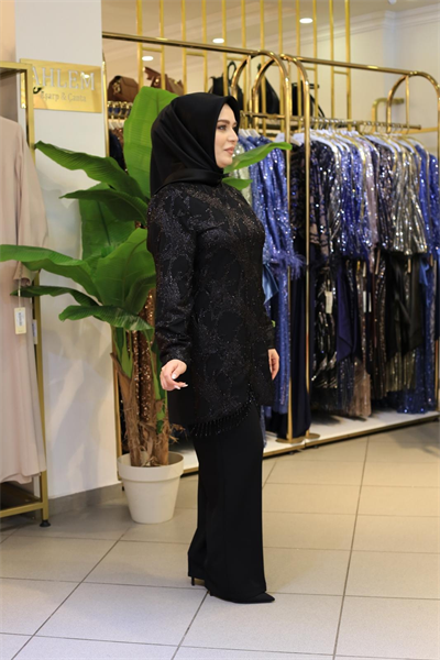 8118 KOD DANTELLİ BONCUKLU PANTOLONLU TAKIM SİYAH