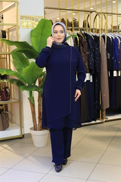 8874 KOD NUR ŞİFONLU İŞLEMELİ PANTOLONLU TAKIM