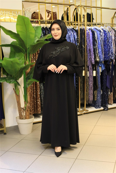 9100 KOD TAŞ DETAYLI ELBİSE SİYAH