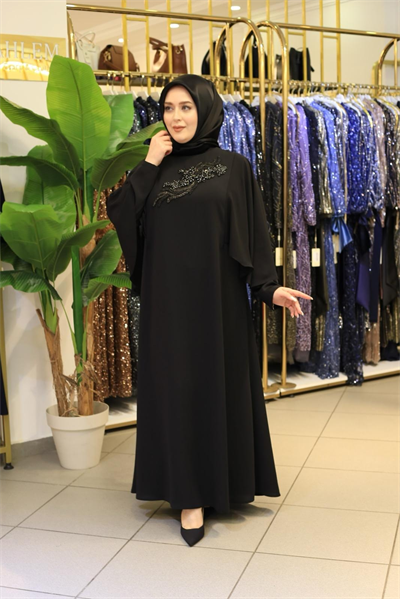 9100 KOD TAŞ DETAYLI ELBİSE SİYAH