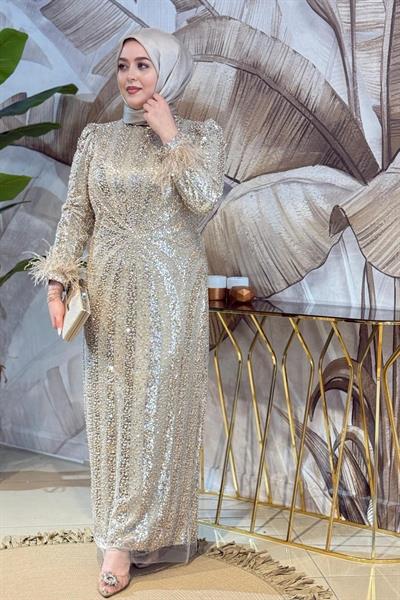 ARMC529 FULL STONE EVENING DRESS WITH SLEEVE DETAIL
