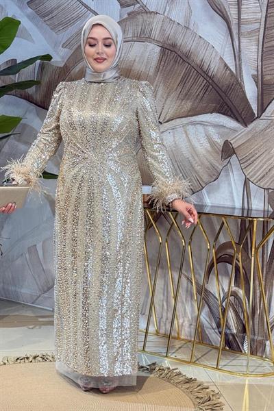ARMC529 FULL STONE EVENING DRESS WITH SLEEVE DETAIL
