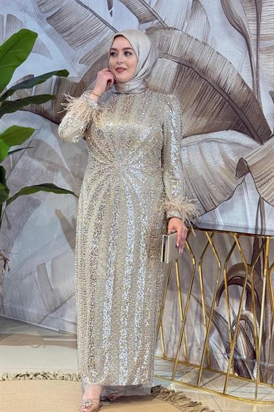 ARMC529 FULL STONE EVENING DRESS WITH SLEEVE DETAIL