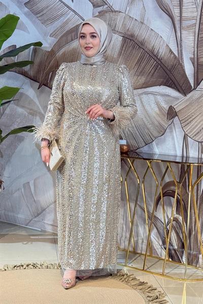 ARMC529 FULL STONE EVENING DRESS WITH SLEEVE DETAIL