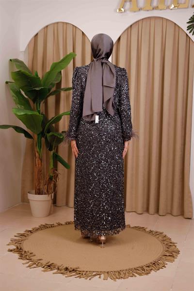 ARMC558 KOD KENDİNDEN PUL DESENLİ ABİYE ELBİSE GRİ