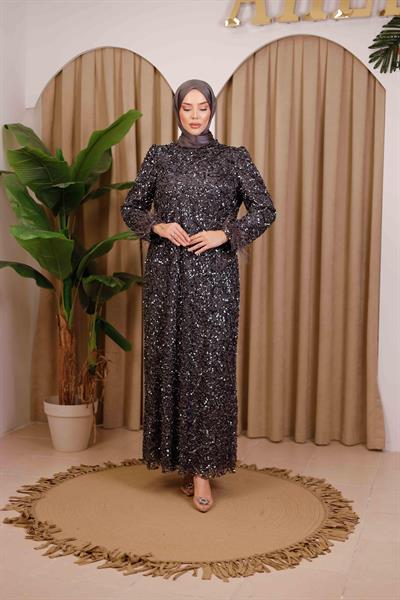 ARMC558 KOD KENDİNDEN PUL DESENLİ ABİYE ELBİSE GRİ