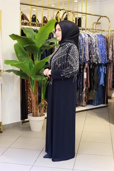 BEY702 İNCİLİ ABAYA TAKIM LACİVERT