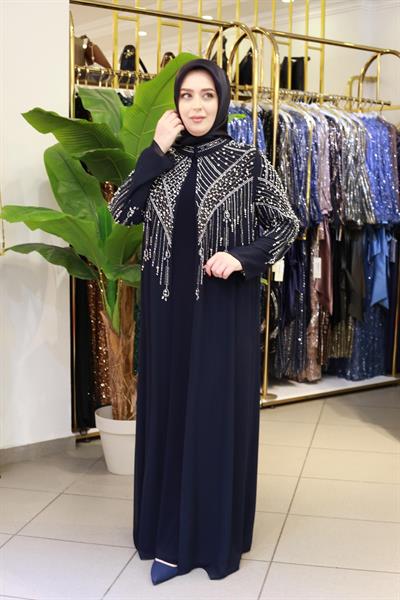 BEY702 İNCİLİ ABAYA TAKIM LACİVERT
